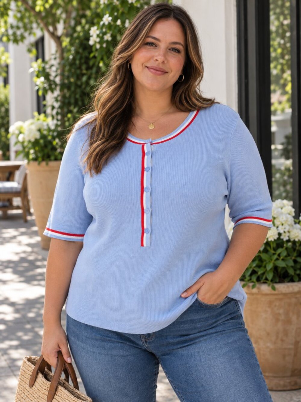 Light Blue Ribbed Henley Top with Red & White Trim, NWT, size XL